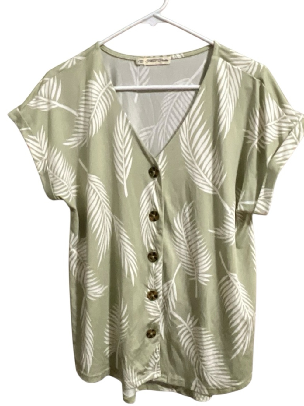 FLT Studio Sage Green White Palm Leaves Sleeveless Button Up Blouse Size M